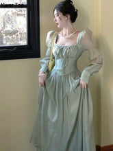 French Elegant Lantern Sleeve Lace Up Midi Dress Summer Women Square Neck Evening Party Prom Robe Female Vestidos Mujer